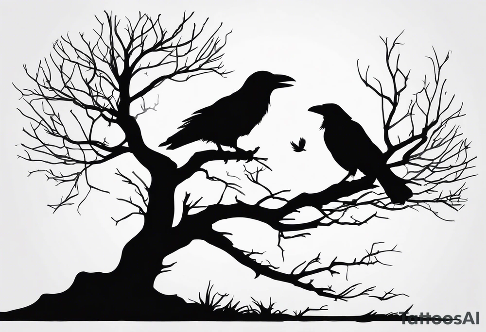 Dead tree with roots and sitting raven silhouette tattoo idea