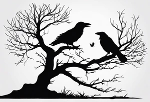 Dead tree with roots and sitting raven silhouette tattoo idea