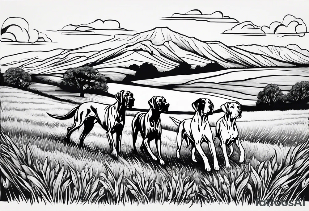 full arm sleeve. Rolling fields and Tennessee mountains with (4) Four Great Dane floppy ear dogs running together in the field tattoo idea