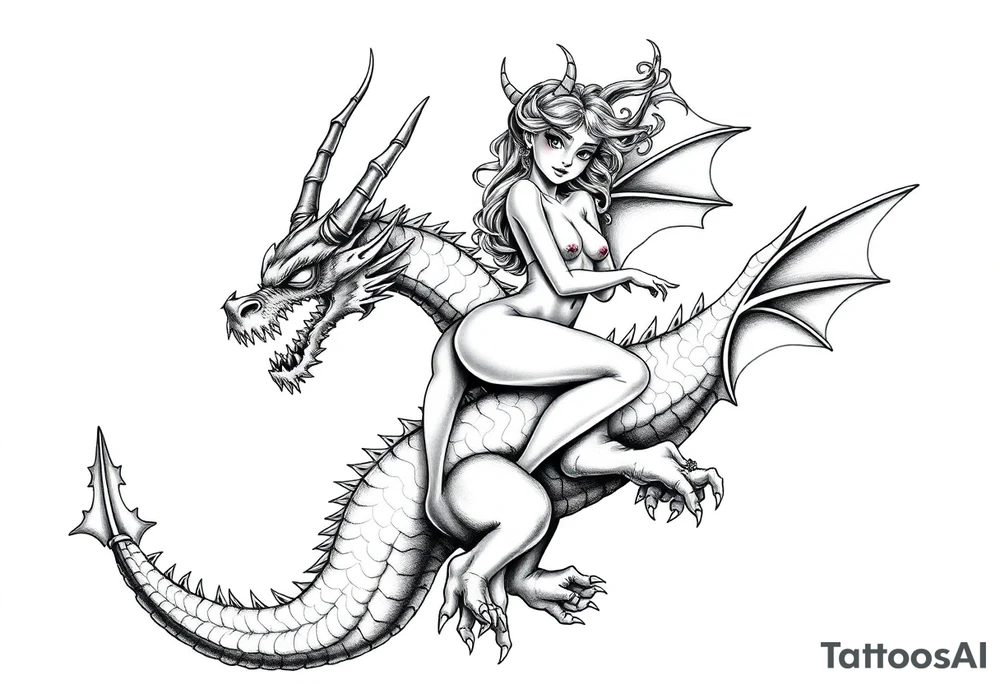 small naked girl riding big dragon, slut tattoo idea
