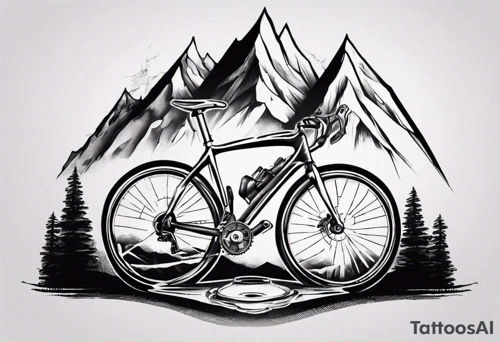 road cycle front wheel drawn as a gym plate with a mountain in the middle tattoo idea