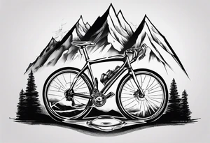 road cycle front wheel drawn as a gym plate with a mountain in the middle tattoo idea