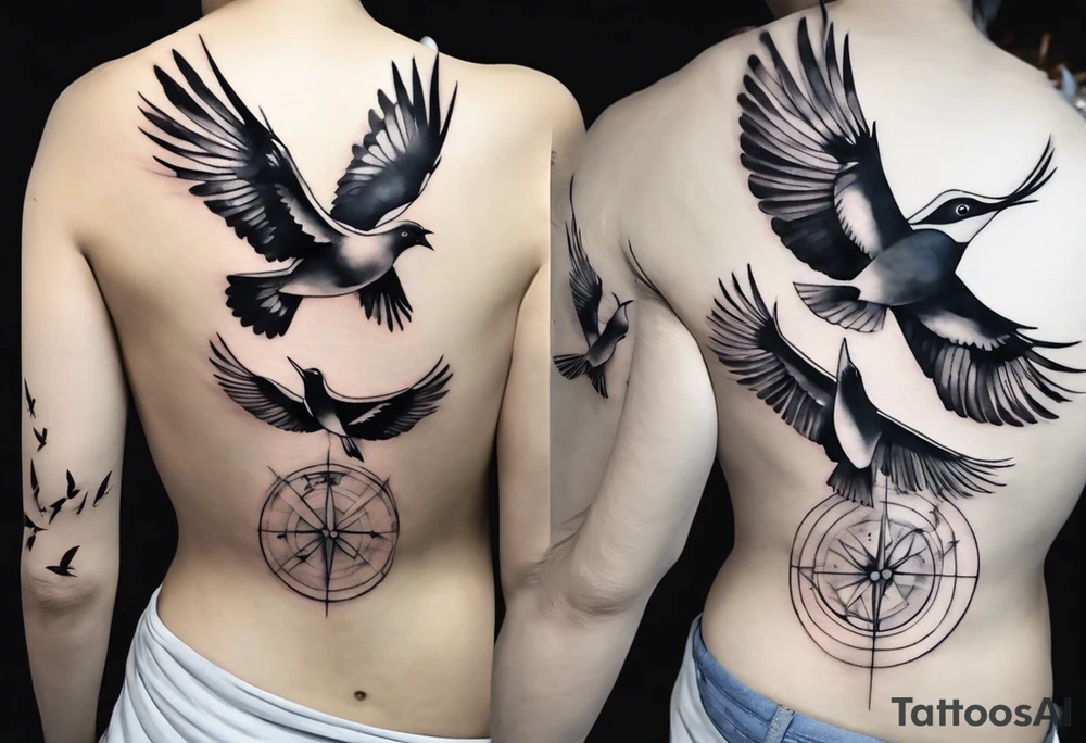 shoulder tattoo with light rays with birds flying free among the clouds, round shape, 3d effect tattoo idea