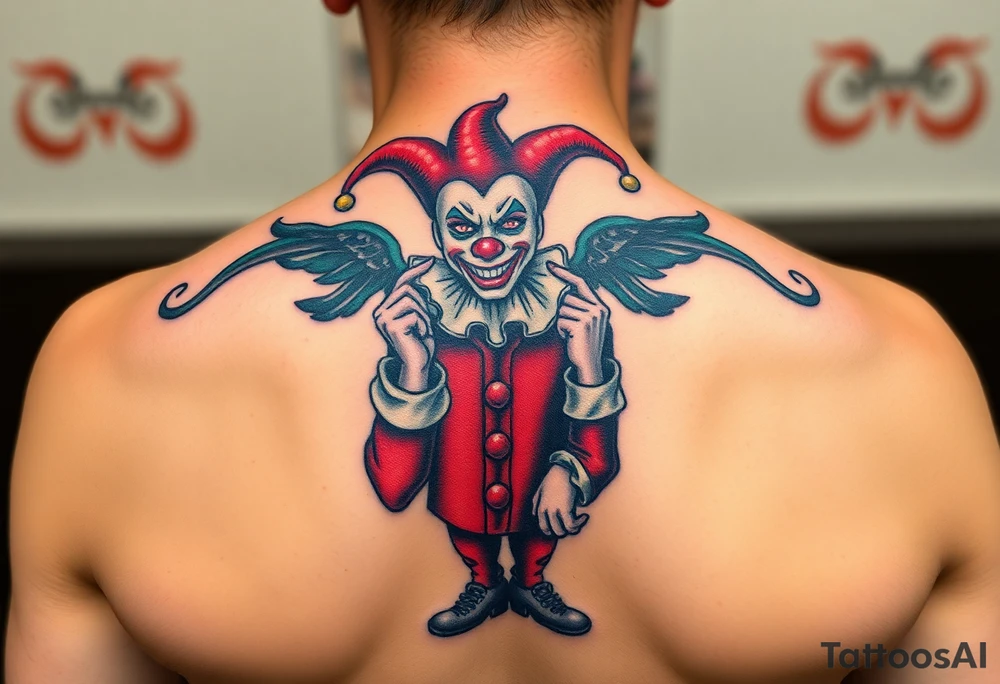 jester clown standing behind partner holding cheeks up to smile tattoo idea