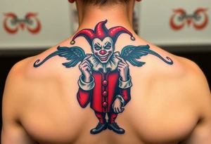 jester clown standing behind partner holding cheeks up to smile tattoo idea