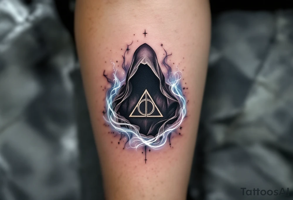 A soft, silvery-gray cloak, flowing around the Deathly Hallows symbol, with faint swirling mist in translucent white and light gray, signifying the cloak’s ability to hide and protect. The cloak shimmers with hints of blue and purple. tattoo idea