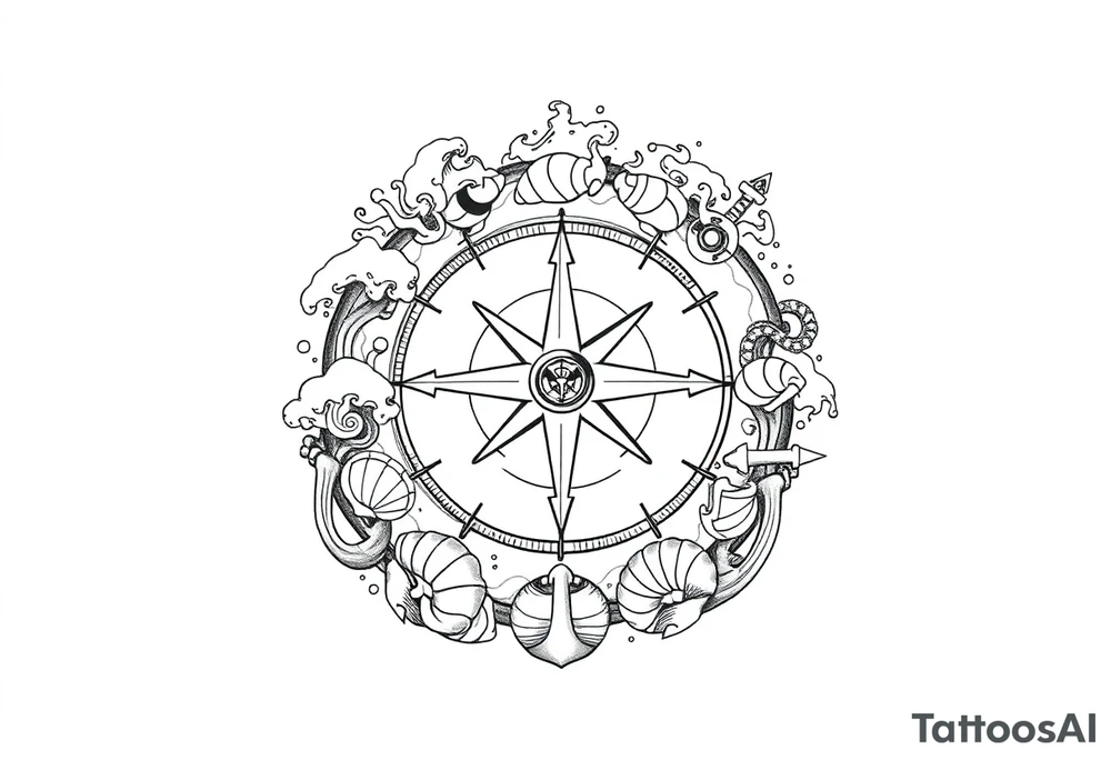 Wrap-around tattoo design for forearm, black and white line art. Central Vegvísir (Norse compass) symbol as the core element, with circular frame of stylized ocean waves, foam, shells and anchors that flow continuously around the arm. Balanced, mythological marine theme, fine details but not overcrowded. Clear outlines, high contrast, stencil-ready for tattoo. tattoo idea