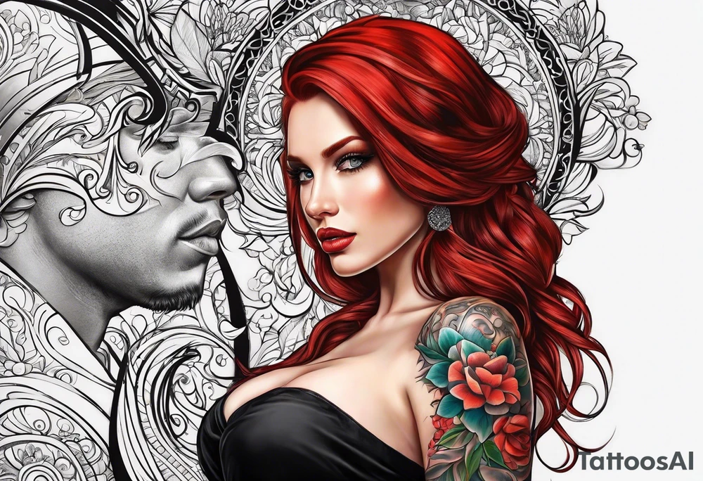 Busty red haired woman with a man who has black hair tattoo idea