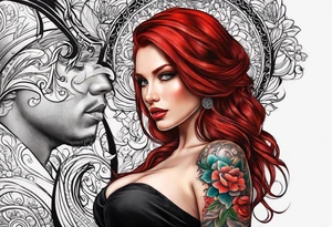 Busty red haired woman with a man who has black hair tattoo idea