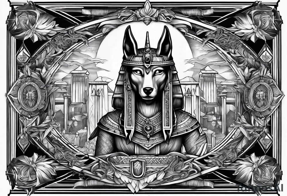 The war between Anubis and ra tattoo sleeve design
Building and people tattoo idea