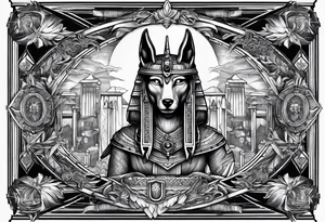 The war between Anubis  and ra tattoo sleeve design
Building and people tattoo idea