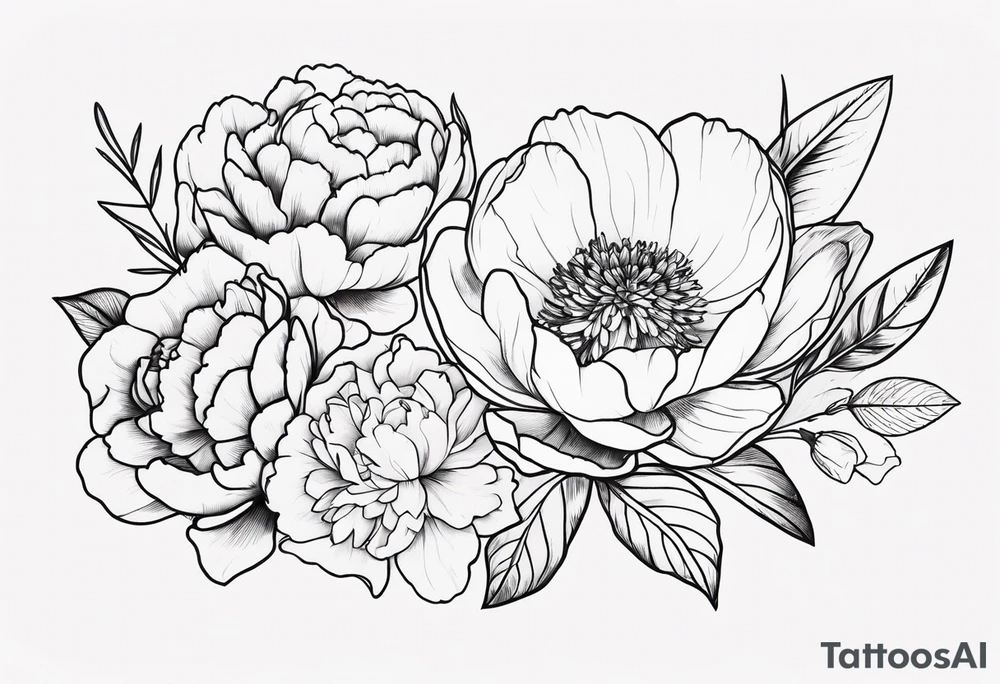 tattoo design with 8 flowers: peony, carnation, daffodil, daphne, dahlia, desiree, daisy and rose and label the flower name tattoo idea