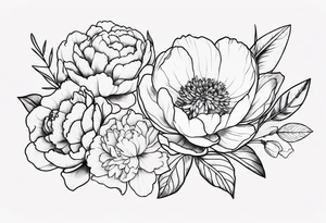 tattoo design with 8 flowers: peony, carnation, daffodil, daphne, dahlia, desiree, daisy and rose and label the flower name tattoo idea