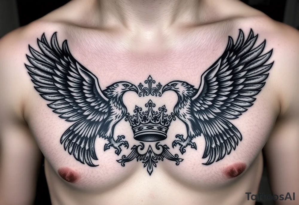 Chest tattoo,powerful two pilish symetricals majestic darks eagles, surrounded by lure ornaments , between eagles a crown tattoo idea