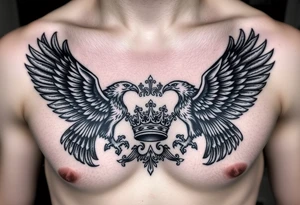Chest tattoo,powerful two pilish symetricals majestic darks eagles, surrounded by lure ornaments , between eagles a crown tattoo idea