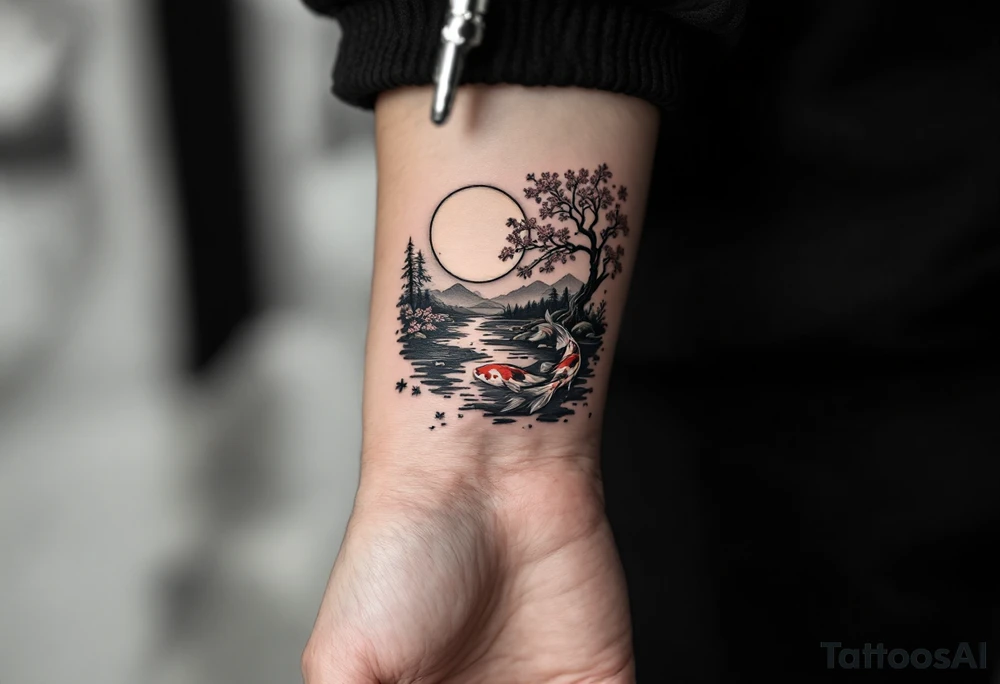 vertical piece
a koi fish swimming UP the stream in a pond moonlight by the full moon with a sakura tree by the pond tattoo idea