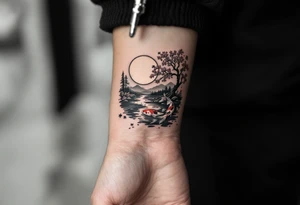 vertical piece
a koi fish swimming UP the stream in a pond moonlight by the full moon with a sakura tree by the pond tattoo idea