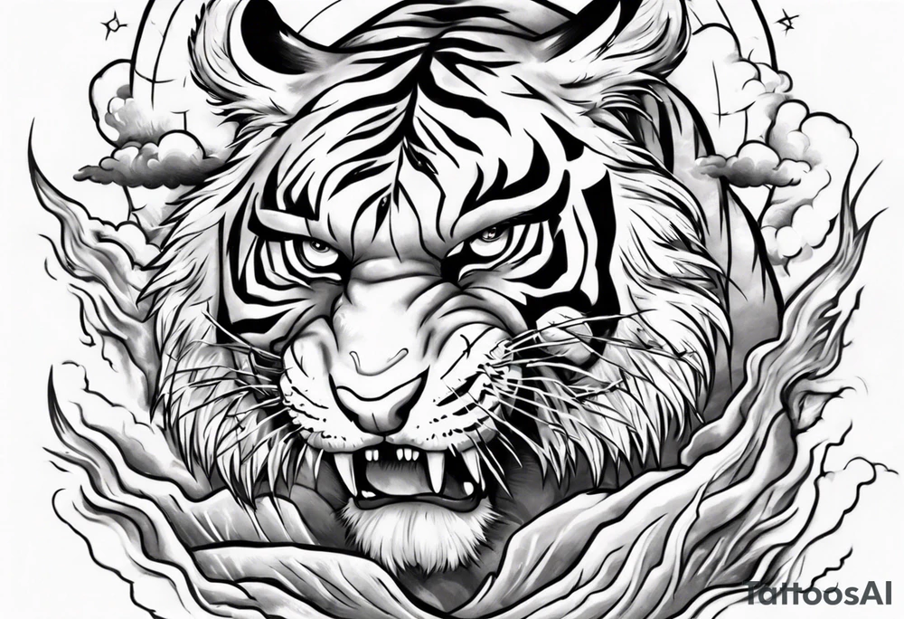 Tiger with lightning and the sun in the background for a sleeve tattoo tattoo idea