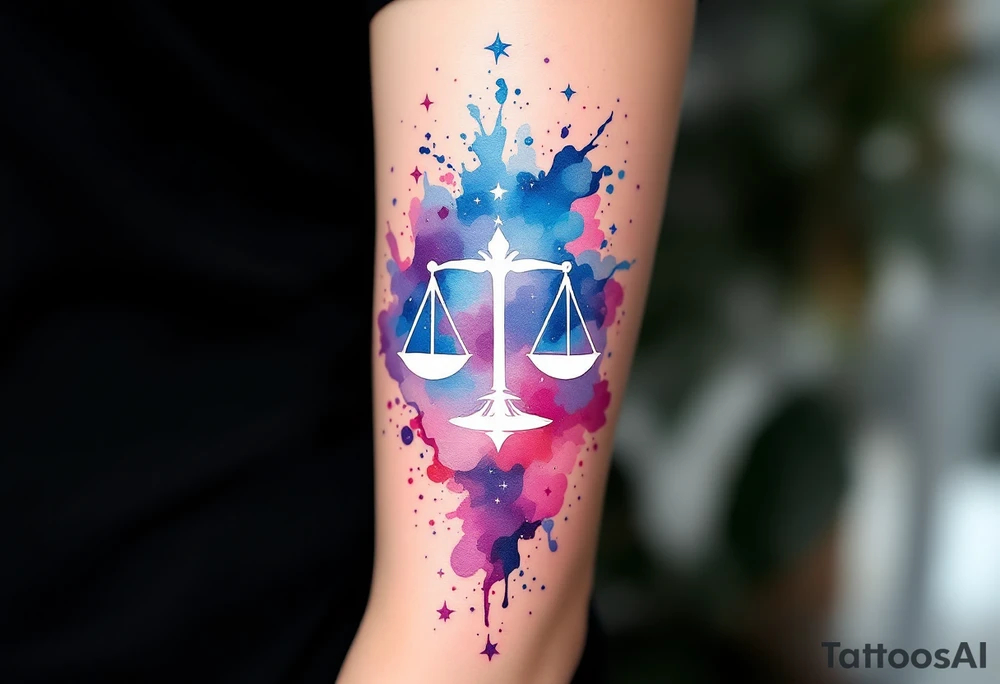 Flowing watercolor splashes in pink, blue, and lavender wrap around a white-ink Libra star constellation and Libra sign. tattoo idea