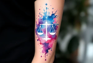 Flowing watercolor splashes in pink, blue, and lavender wrap around a white-ink Libra star constellation and Libra sign. tattoo idea