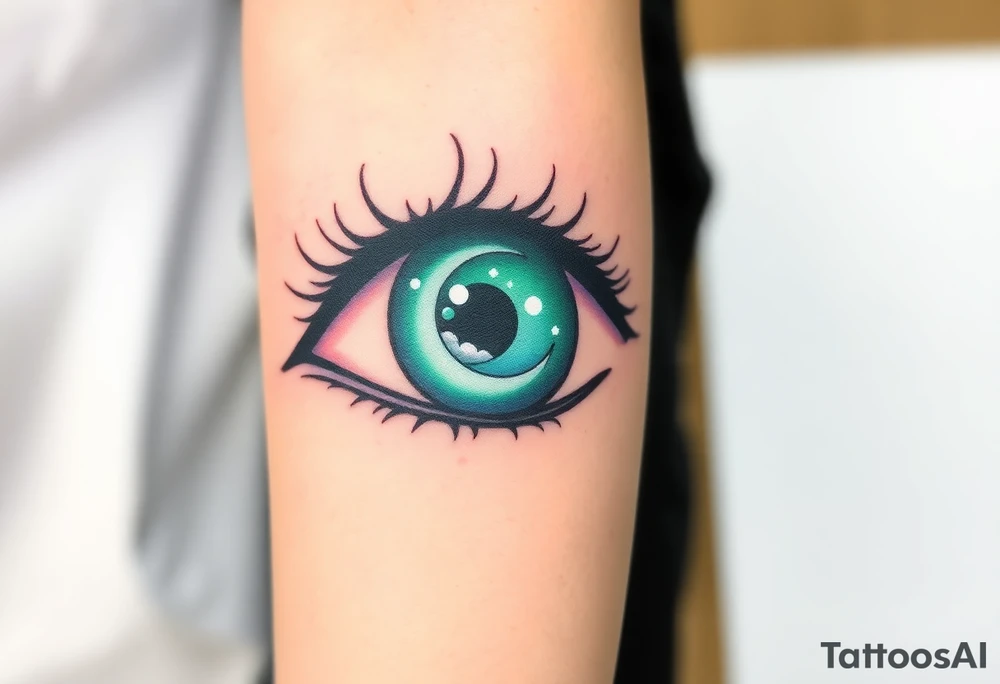 Large outline of an eye shaped like an almond with eye colored greenish blue with long pretty black eyelashes + spade shaped eyeball insyead pf a round eyeball + a crescent moon stars and clouds inside of the eyeball only + using vivid colors like blue green purple light blue light green light purple tattoo idea
