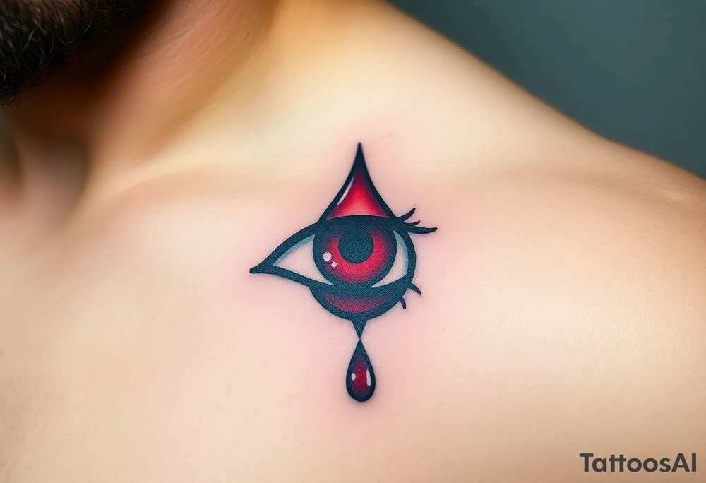 A teardrop dripping from an eye, with shades of deep red and maroon, symbolizing heartbreak and emotional intensity. tattoo idea