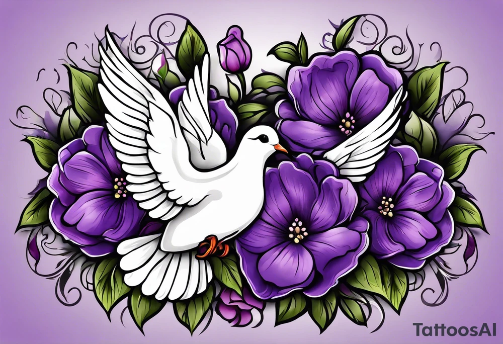 Purple flowers with a white dove to conmemorate somebody that passed away tattoo idea