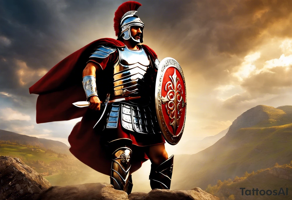 roman soldier from AD 60, wearing the armor of God which is described like this: "Finally, be strong in the Lord and in the strength of his might. Put on the whole armor of God, so that you may be able to stand against the wiles of the devil. For our struggle is not against enemies of blood and flesh, but against the rulers, against the authorities, against the cosmic powers of this present darkness, against the spiritual forces of evil in the heavenly places. Therefore take up the whole armor of God, that you may be able to withstand in the evil day, and having done everything, to stand firm. Stand therefore, having girded your loins with truth, and having put on the breastplate of righteousness, and having shod your feet with the readiness which comes from the gospel of peace. In all circumstances take up the shield of faith, with which you can quench all the flaming darts of the evil one. And take the helmet of salvation, and the sword of the Spirit, which is the word of God." All elements of the armor need to be shown in the image. Full body. tattoo idea