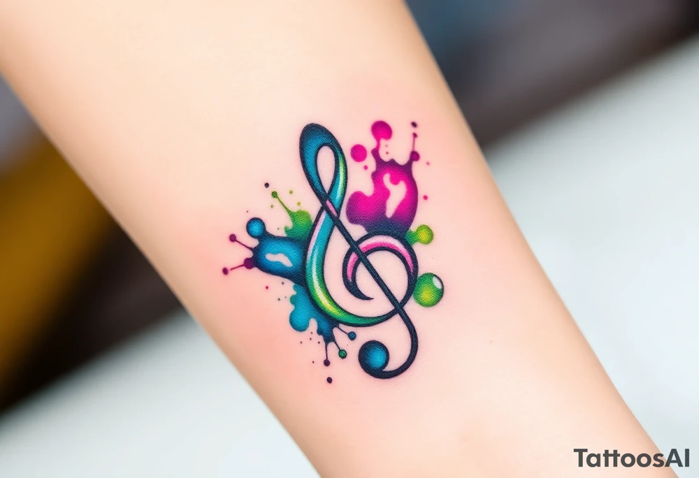 A treble clef breaking apart into abstract shards, with splashes of vivid color—turquoise, magenta, and lime green tattoo idea