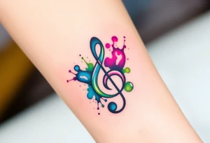 A treble clef breaking apart into abstract shards, with splashes of vivid color—turquoise, magenta, and lime green tattoo idea