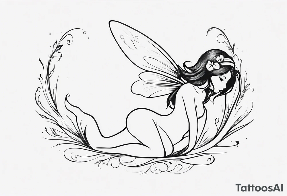 Minimalistic, monochromatic fairy with a tail flying to the left in a fetal position, leaning and looking in the same direction, with visible hands, embodying the 'Fairy Tail' logo aesthetic. tattoo idea