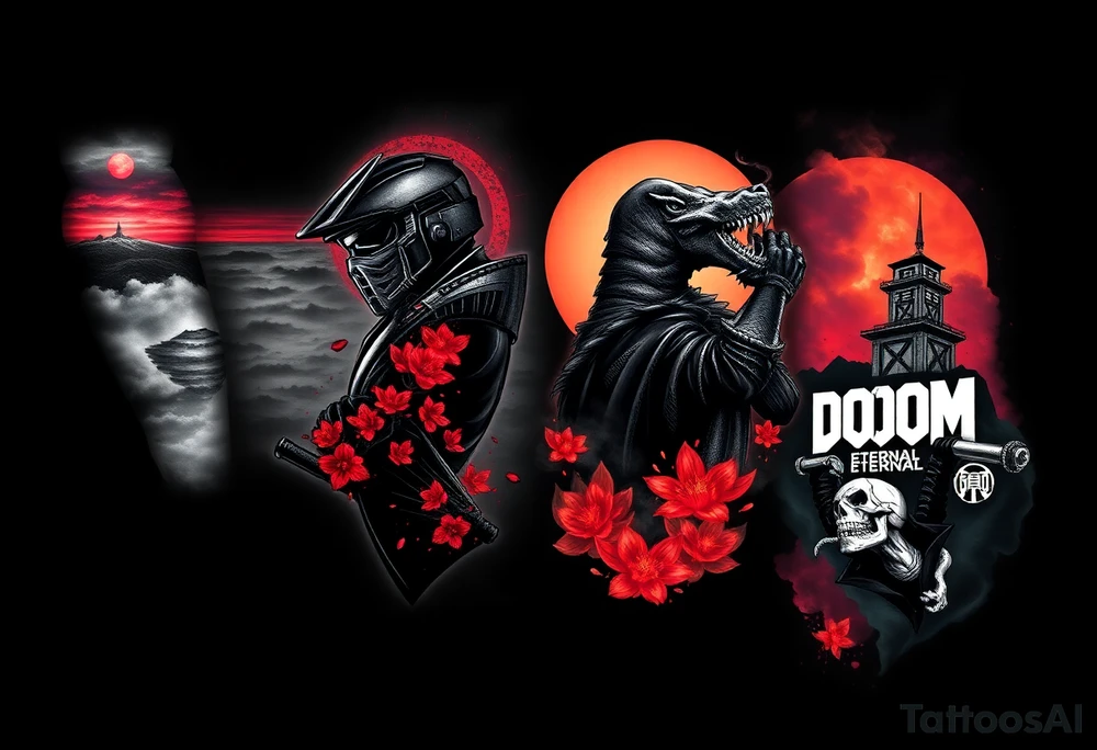Full arm sleeve tattoo design, black and grey realism with selective color pops, cinematic 3D style.
Outer left arm: Halo Reach skyline in storm clouds with ember-red glow, emille silhouette in distance.
Ghost of Tsushima: Jin Sakai face and mask, katana behind, with flowing blood-red cherry blossoms drifting across.
Helldivers 2: silhouettes of Helldivers dropping from pods through smoke and sparks (orange sparks glowing), wrapping around the elbow area.
DOOM Eternal: hyper-realistic Doom Slayer bust/helmet in brutal combat with snarling demon, molten fire glow in background, flames bursting in deep orange-red.



Inner left arm: Firewatch tower in silhouette on ridges, orange and purple dusk glow blending into smoke. tattoo idea