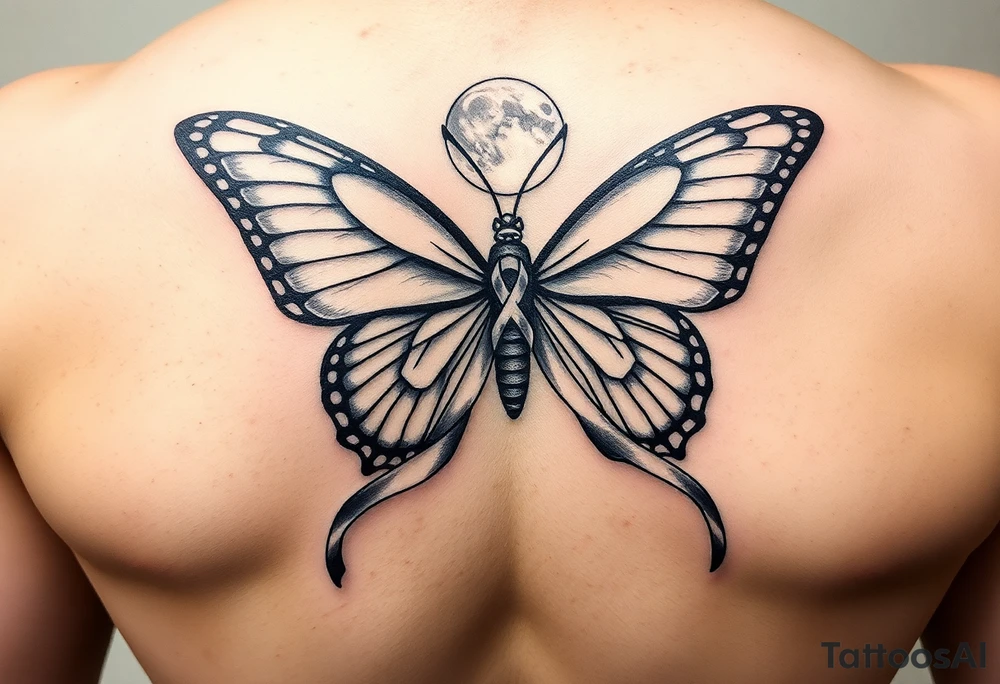 ethereal butterfly with flowing silk HIV-positive symbol ribbons in moonlight tattoo idea