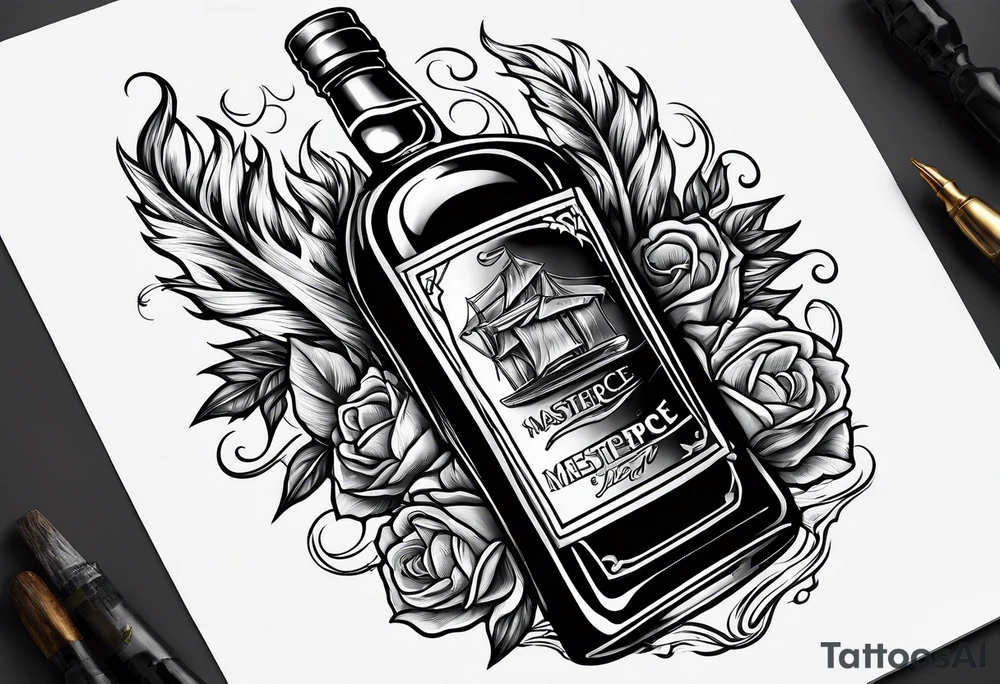 Flaming rag hanging out of whiskey bottle tattoo idea