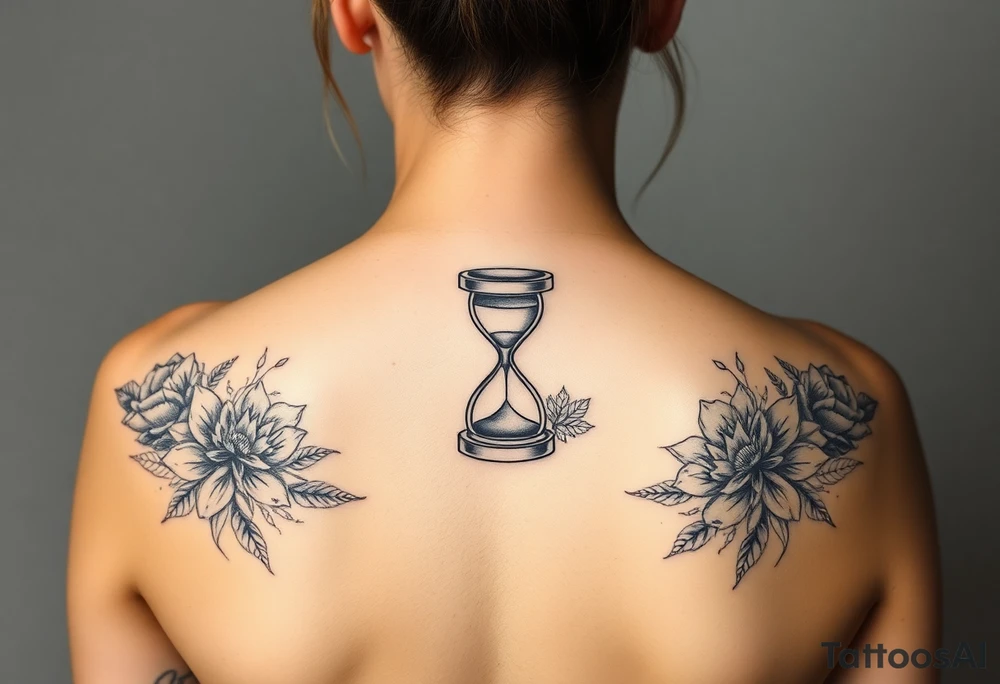 Feminine, full back tattoo, with matching florals on the shoulders, with an hour glass tattoo idea