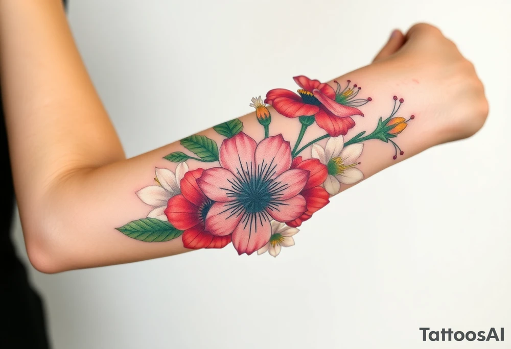 Fore arm tattoo in the neo american traditional style. I want to incorporate a few different flowers: Poppies, Morning Glory, Narcissus with green leaves in the background tattoo idea