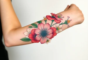 Fore arm tattoo in the neo american traditional style. I want to incorporate a few different flowers: Poppies, Morning Glory, Narcissus with green leaves in the background tattoo idea