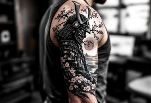 noble samurai warrior silhouette at sunset with cherry blossoms tattoo idea