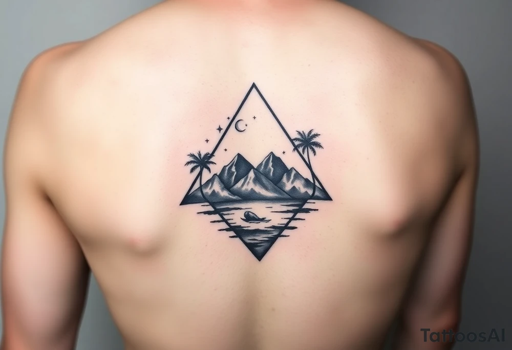 A single triangle with a heart in the center with mountains, ocean with palm trees in background tattoo idea