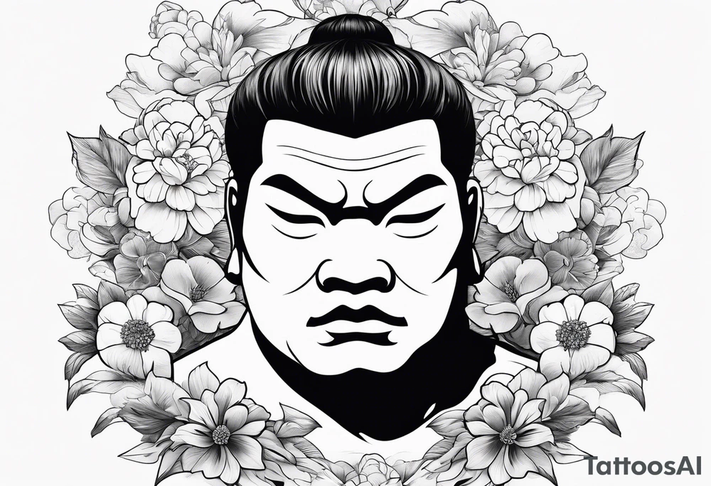 solemn sumo wrestler face with flowers around tattoo idea