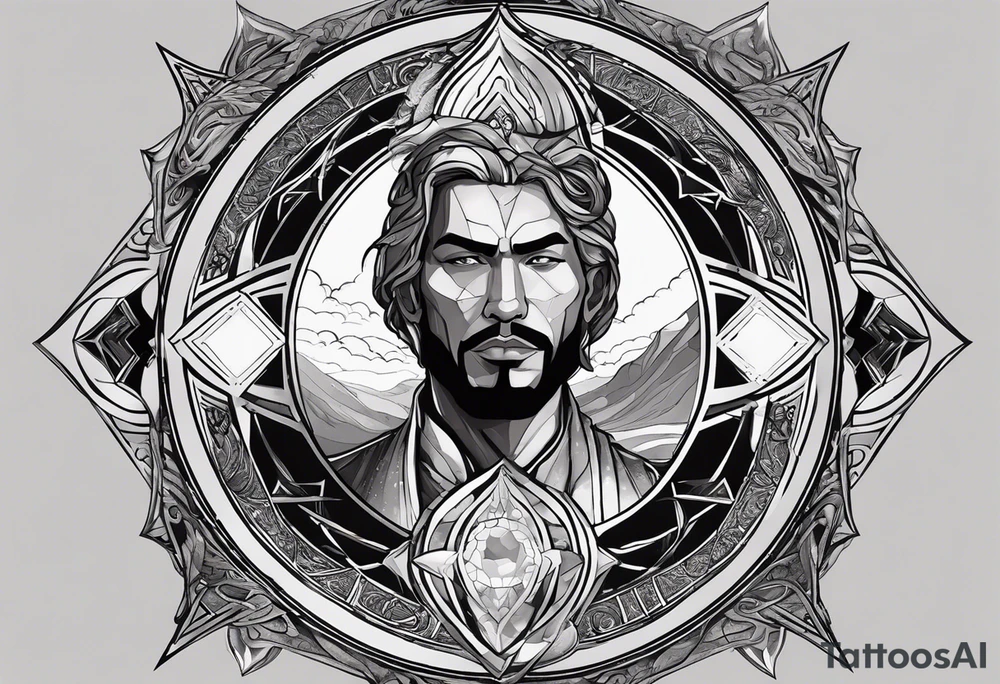 Jehovah looking out at the marvels of his creation from the atoms to the galaxy and celestial beings. With grey wash and a fantasy theme. Jehovah has to be a character who is so majestic, charismatic, immensely powerful. There isnt a single thing he isnt capable of doing. Infinitely powerful forward facing tattoo idea