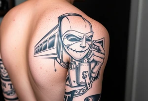 Full arm sleave tattoo Casino, train, mask, whiskey, ciggerette, lighter, money tattoo idea