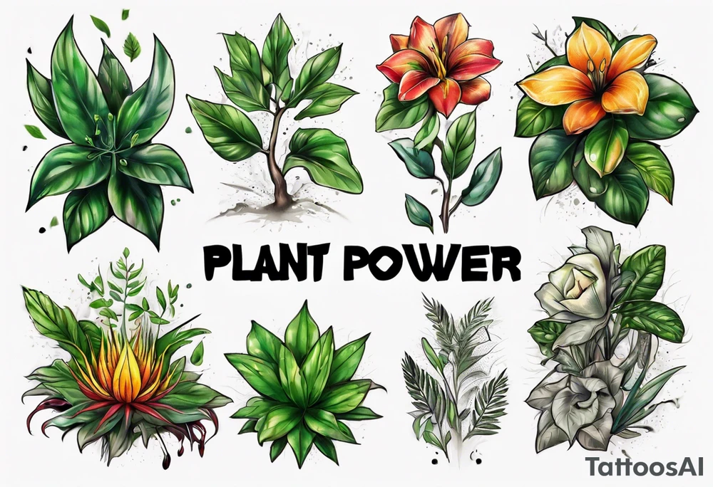 Words “Plant Power” with plants tattoo idea