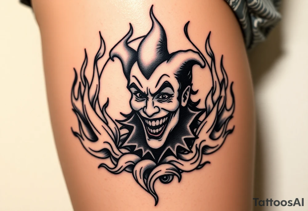 Powerful new age joker surrounded by flames tattoo idea