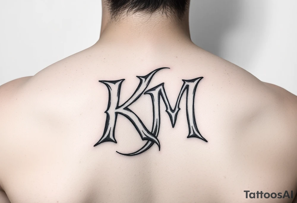 letters only fancy but rugged twisted and intertwined through one another (KM ) almost like the the roca wear symbol clothing brand trademark tattoo idea