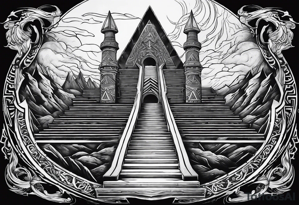 Valhalla stairs 
Valhalla stairs sword shield  axe 
Valknut  ruins lightnings tattoo idea