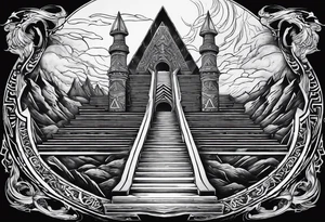 Valhalla stairs 
Valhalla stairs sword shield  axe 
Valknut  ruins lightnings tattoo idea