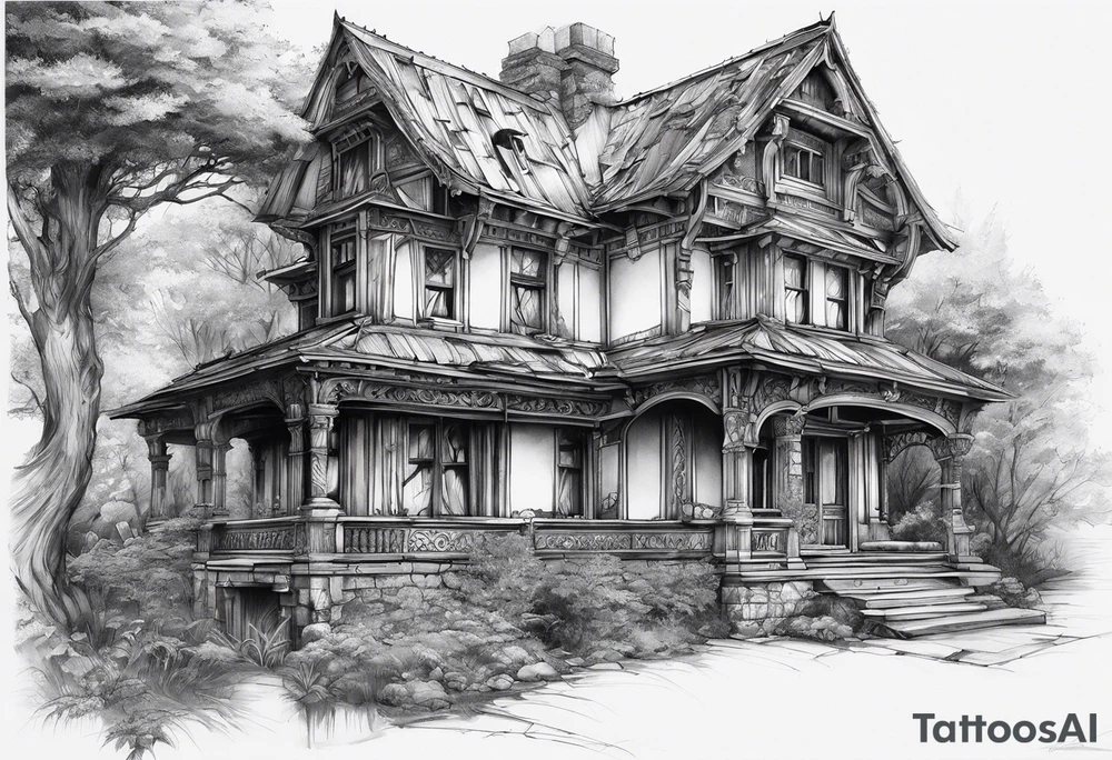 fool sleeve,, abandoned old gotic house, broken sword tattoo idea