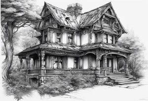 fool sleeve,, abandoned old gotic house, broken sword tattoo idea