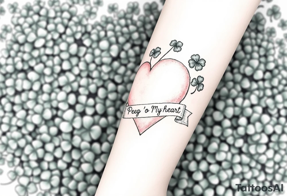 a big pale pink heart in a huge patch of green shamrocks, with a banner across the heart that says Peg 'o My Heart tattoo idea